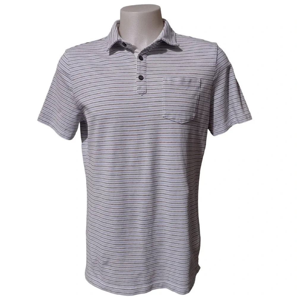 Banana Republic Polo Shirt Large Mens‎ Striped Performance Pique Gray White Bold